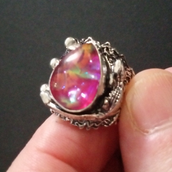 925 Hand Crafted Lab Opal Ring - Picture 4 of 6